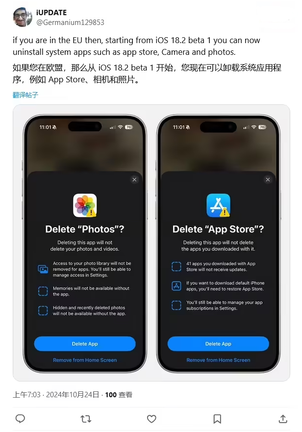 广东苹果手机维修分享iOS 18.2 支持删除 App Store 应用商店 